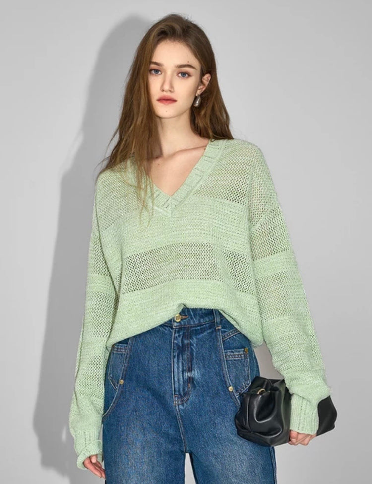 Prairie Arielle Open-Knit V-Neck Sweater Top
