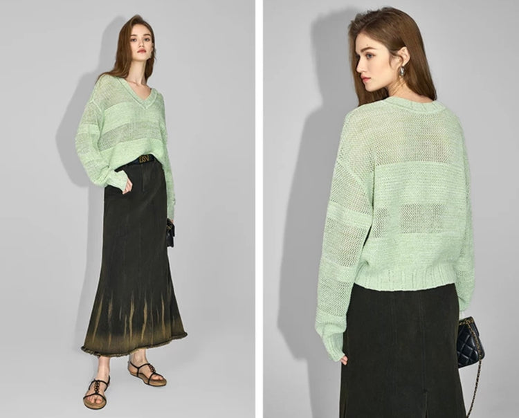 Prairie Arielle Open-Knit V-Neck Sweater Top
