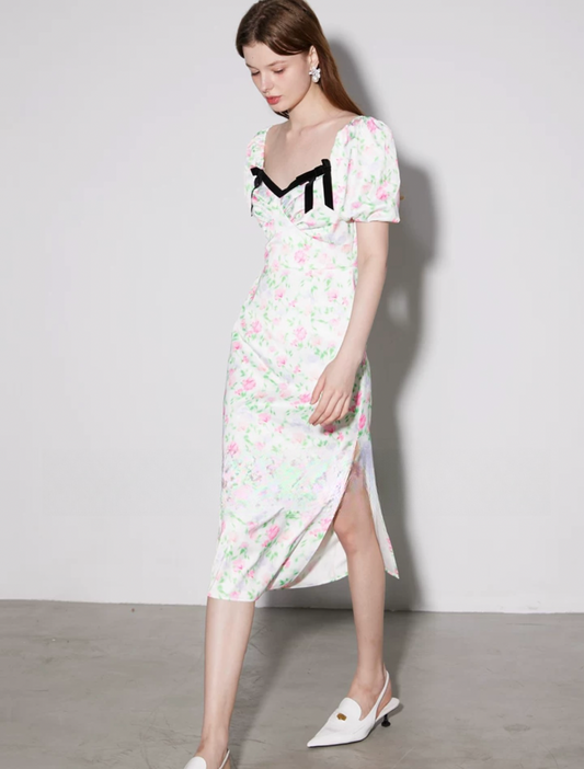 "Floral Contrast" Midi Dress